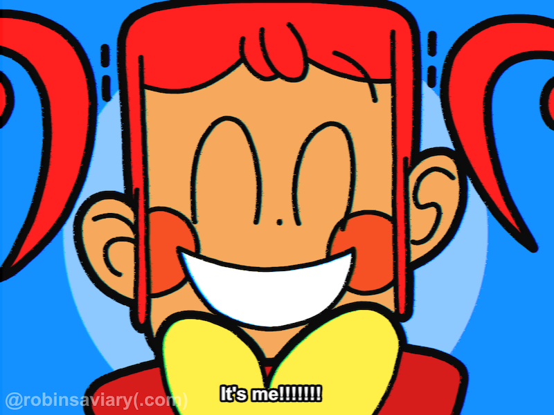 A frame from the music video for Static by Flavor Foley, but with an alternate design with Teto. She has bass cleffs for her drills. She's jumping towards the camera and saying It's me!!!!!!!